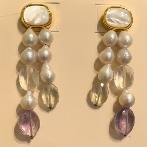 Lizzie Fortunato Holiday Freshwater Pearl Drop Earrings - Quartz - Amethyst - Picture 4 of 7